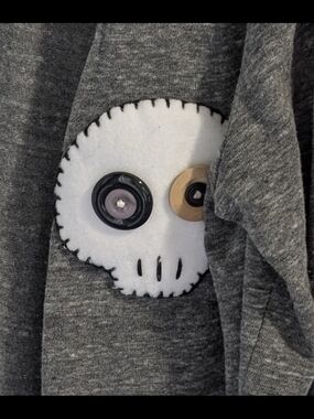 Gray Cardigan with Button-Eyed Skull Patch